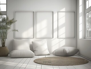 Photo Frame Mockup, Empty 3 frame modern living room with sofa