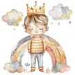 A dreamy child with crown, prince boy serene watercolor flowers and clouds, magical nursery illustration