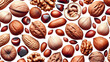 Top view of different nuts isolated on transparent background.  Concept of food texture, banner, wallpaper, healthy snack, healthy fat, nut allergies, nature, organic seeds, protein, diet