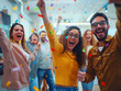 Joyful team celebrating success with enthusiasm at a vibrant office party