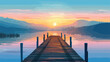 Wooden pier at lake and sunrise.. Flat vector isolated