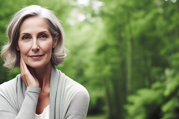 Canvas Print - A woman with gray hair is smiling and wearing a gray sweater