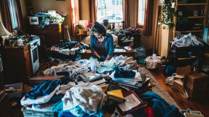 Poster - A woman is sorting through a pile of clothes in her living room. Generative AI.