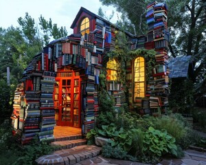 Poster - A house made out of books is lit up at night. Generative AI.