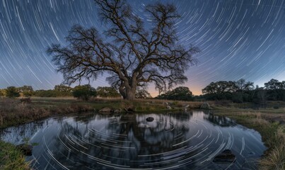 Canvas Print - A tree is sitting in the middle of a pond with a star trail in the sky. Generative AI.