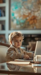 Sticker - A young child sitting at a desk with a laptop computer. Generative AI.