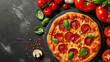 © we3_food - tomatoes basil on black concrete background. Top view of hot pepperoni pizza. Generative Ai