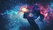 Human silhouette with galaxy mind, cosmic thoughts, 3D vector,