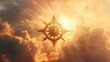 Buddhism dharma wheel floating in the air, clear silhouette on the background of light clouds, sun rays illuminate it from behind, the power of faith, light bright background