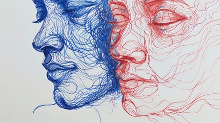 Quick contour lines free hand red and blue pen sketch