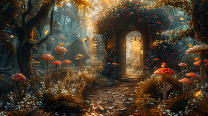 Wall Mural - Fantasy enchanted fairy tale forest with magical opening secret door and mushrooms