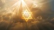 Six-pointed Star of David floating in the air, clear silhouette on the background of light clouds, sun rays illuminate it from behind, the power of faith, light bright background