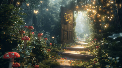 Fantasy enchanted fairy tale forest with magical opening secret door and mushrooms