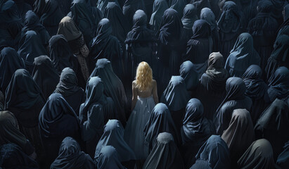 Canvas Print - A crowd of black women wearing burkas stands out in the middle. One blonde woman, wearing a white dress, stands apart from the crowd