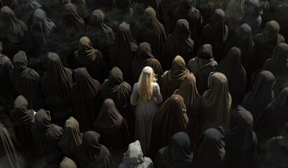 Canvas Print - A crowd of black women wearing burkas stands out in the middle. One blonde woman, wearing a white dress, stands apart from the crowd