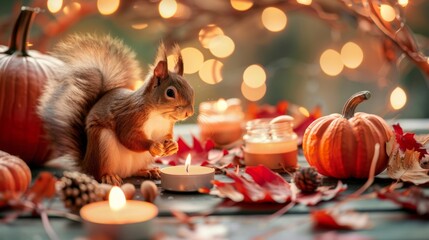 Sticker - A squirrel perched on a table surrounded by pumpkins and candles