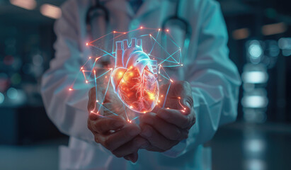 Poster - Close up of doctor holding a glowing digital human heart in his hands, hologram with details showing inside the transparent anatomical model in the background