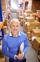 Poster - Portrait, boxes or man with printing factory checklist for delivery order, storage or stock on clipboard. Warehouse, mature manager or supply chain inspection for plant, package or wholesale shipping