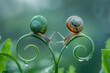 A macro photo of two snails on the curved leaves of a fern, forming a heart shape