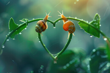 Canvas Print - A macro photo of two snails on the curved leaves of a fern, forming a heart shape