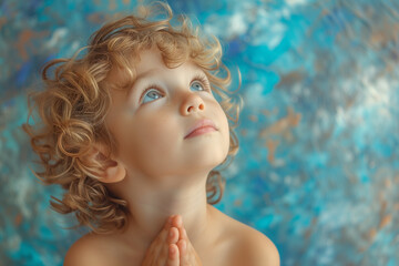 Child praying, religion and christian church, belief and faith concept, catholic and protestant community, religion of Jesus Christ
