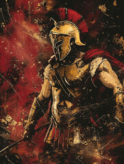 Wall Mural - Spartan warrior fighting at the battle. In the style of gritty horror comics, dark red and gold. 