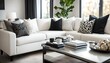 modern white sofa with black and white pillows in living room
