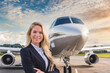 woman pilot private jet airplane parked at outside waiting business person