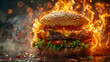 Sizzling hot hamburger with flames engulfing it, symbolizing its extreme heat and irresistible appeal.