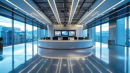Poster - Ground modern newsroom interior with a large news desk and spacious area. Generative AI.