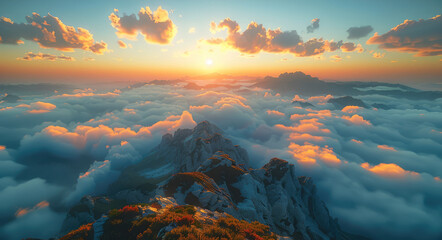 Wall Mural - Morning On the top of the mountain with towering peaks. Generative AI.