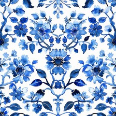  Watercolor Seamless pattern with blue and white