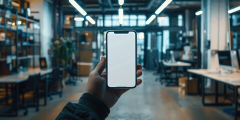 Poster - Hand holding a smartphone phone, blank screen, showing in an office. Generative AI.