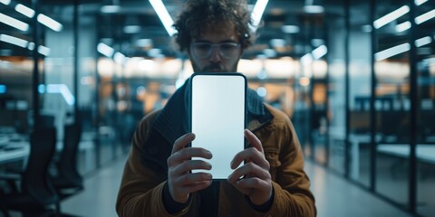 Poster - Hand holding a smartphone phone, blank screen, showing in an office. Generative AI.