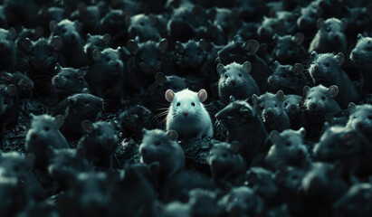 Wall Mural - A white mouse standing out in the middle of black mice