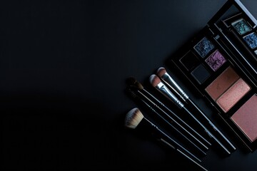 Wall Mural - Makeup brushes and cosmetics on black background. Top view with copy space