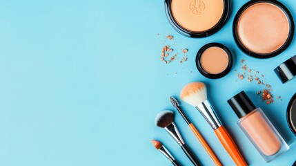 Wall Mural - Makeup brushes and cosmetics on blue background. Flat lay, top view.