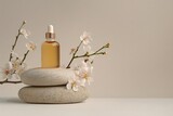 Fototapeta Miasto - cosmetic bottle with pipettele podium with flowers on stone and beige background