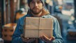 Focusing on a rectangular package cradled at an angle in the hands of a delivery worker. Generative AI.