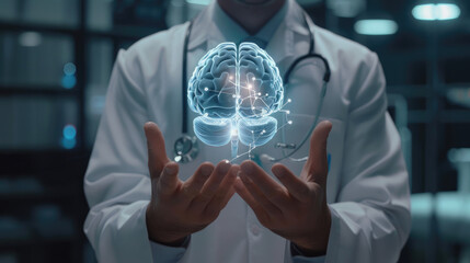 Wall Mural - A doctor holding out their hands to the camera, with an holographic brain floating above them in front of him.