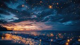 Fototapeta Miasto - Fantastic scenery, sea, night, starry sky, fireflies. Generative AI.
