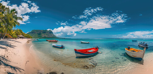 Wall Mural - The beautiful beach of Le Morne in Mauritius, vibrant colors, colorful boats and yachts on the white sand, green palm trees, blue sky with clouds, mountain view from the shore