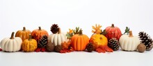 An Array Of Pumpkins, Pine Cones, Leaves, And Acorns Displayed On A White Surface, Showcasing A Mix Of Food, Natural Elements, And Autumn Art In A Natural Landscape Setting