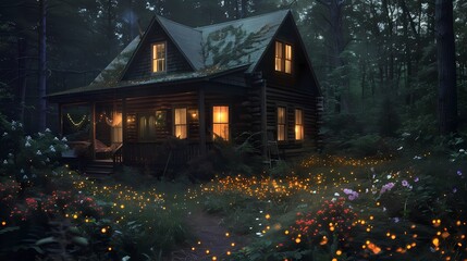 a remote cabin in the woods flowers fantasy scene abstract graphic poster web page ppt background