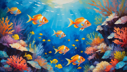 Naklejka na meble 3D Underwater fishes living room wallpaper, 3d illustration for wall decoration High quality wall art.