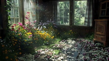 A remote cabin in the woods flowers fantasy scene abstract graphic poster web page PPT background