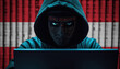Hacker in hoodie sitting in front of a monitors with Austria flag background and  cyber security concept