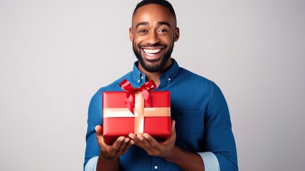 Happy smiling man holding red gift box with satin ribbon decoration