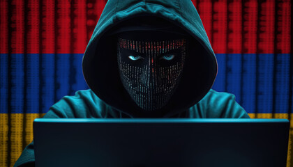 Hacker in hoodie sitting in front of a monitors with Armenia flag background and  cyber security concept