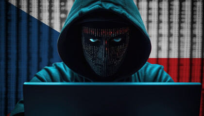 Hacker in hoodie sitting in front of a monitors with Czech flag background and  cyber security concept